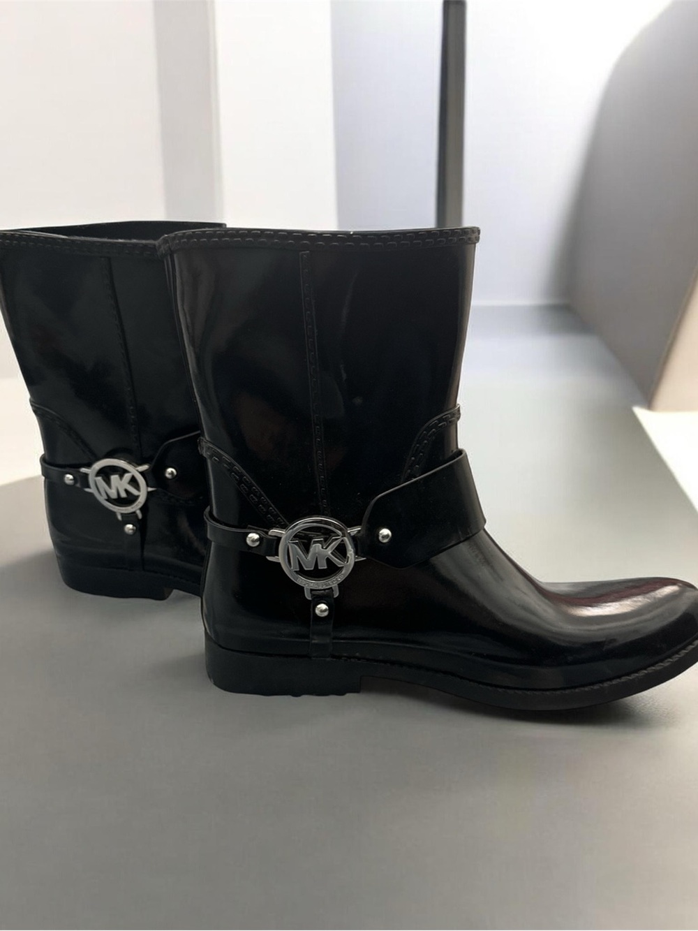 Michael Kors Black Patent Logo Strap Ankle Boots